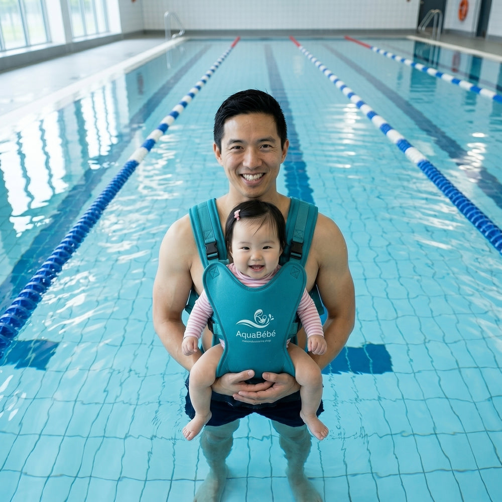 Maman portant son bébé dans le porte-bébé aquatique AquaBébé à la piscine