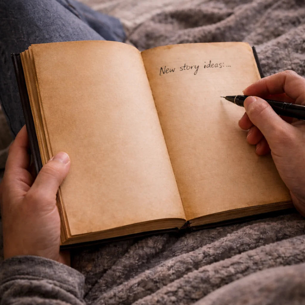 Person writing in a notebook with 'New story ideas' on a textured surface