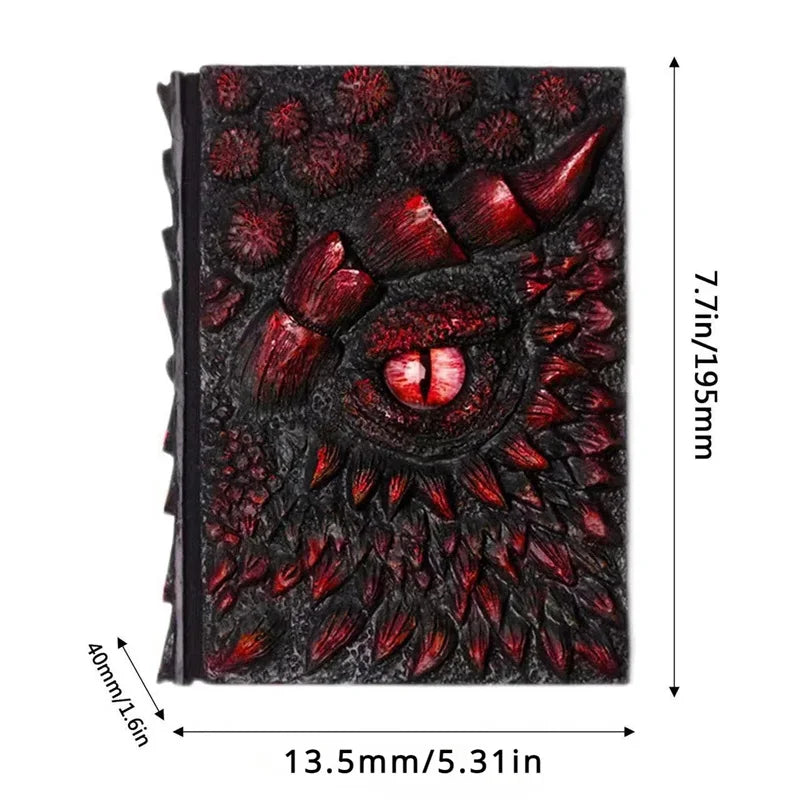 Decorative notebook with red eye design and measurements on a white background