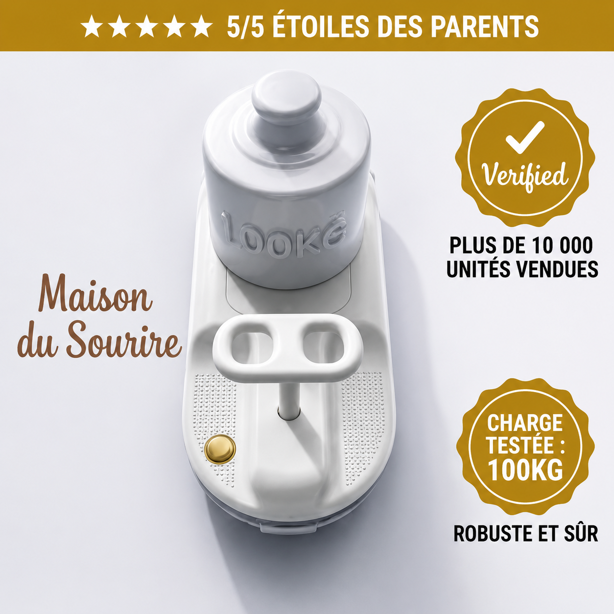 White children's toy with 'Looke' branding on a white background, featuring product verification and safety information.