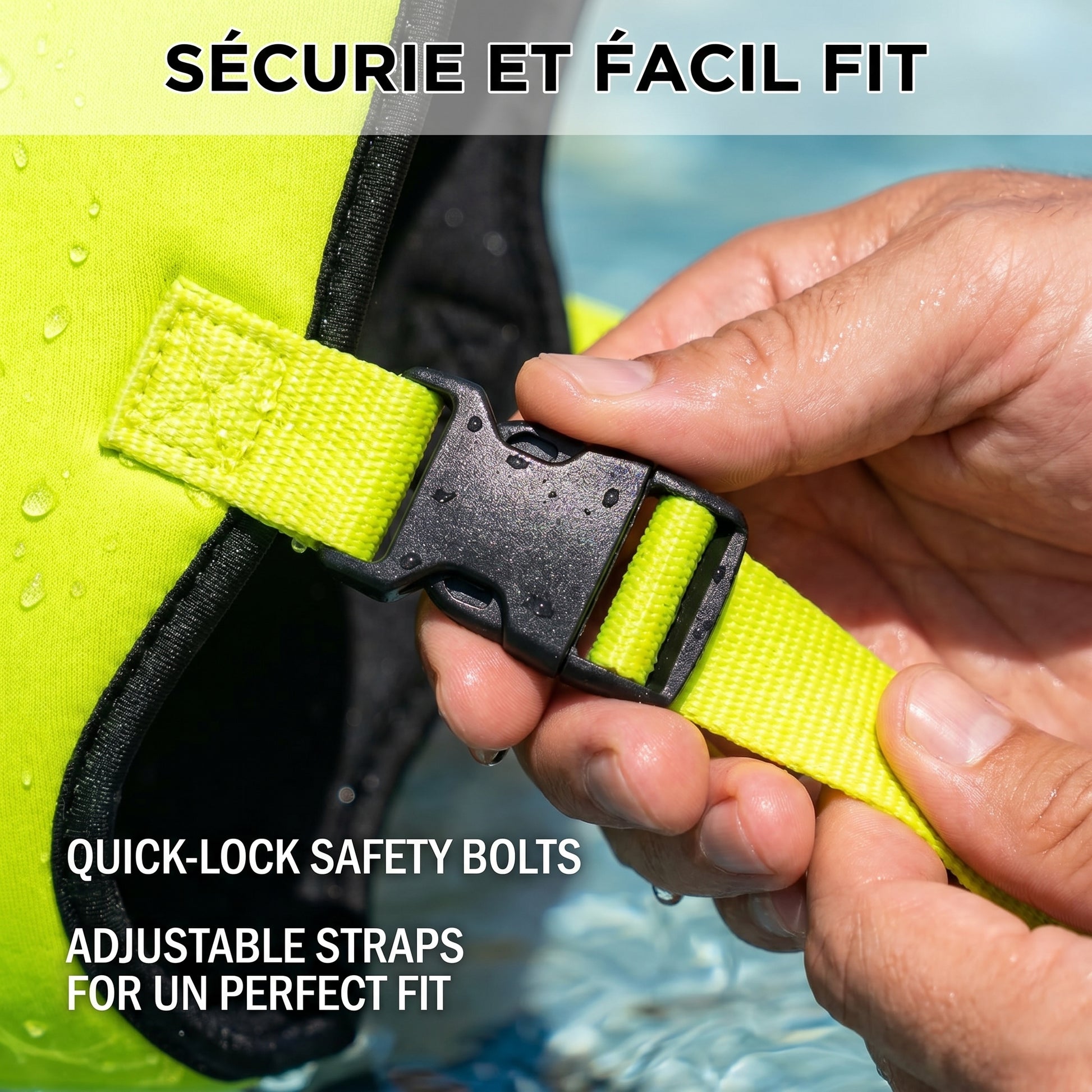 Person adjusting a bright yellow safety vest with quick-lock safety bolts and adjustable straps.