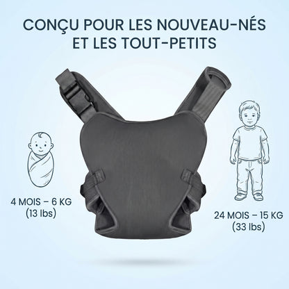 Baby carrier with size chart for newborns and toddlers on a light blue background