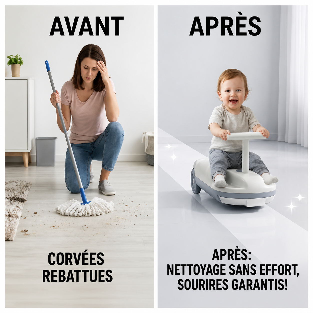 Before and after comparison of a woman cleaning and a child playing with a toy car on a clean floor.