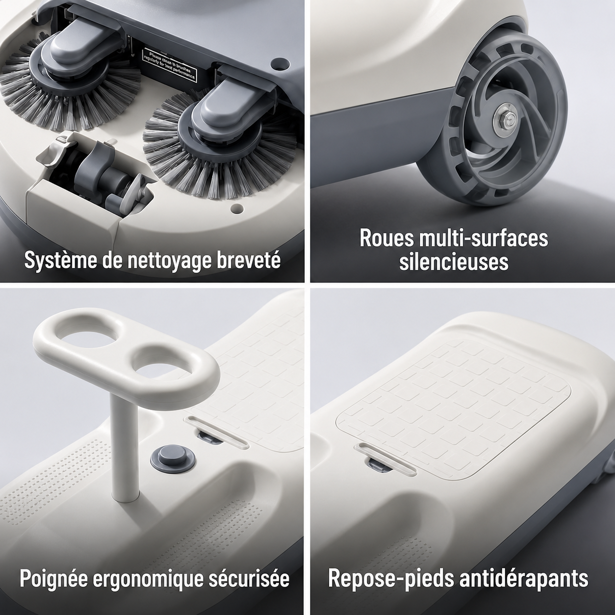 Product features with text labels on cleaning system, silent wheels, ergonomic handle, and anti-slip footrest.