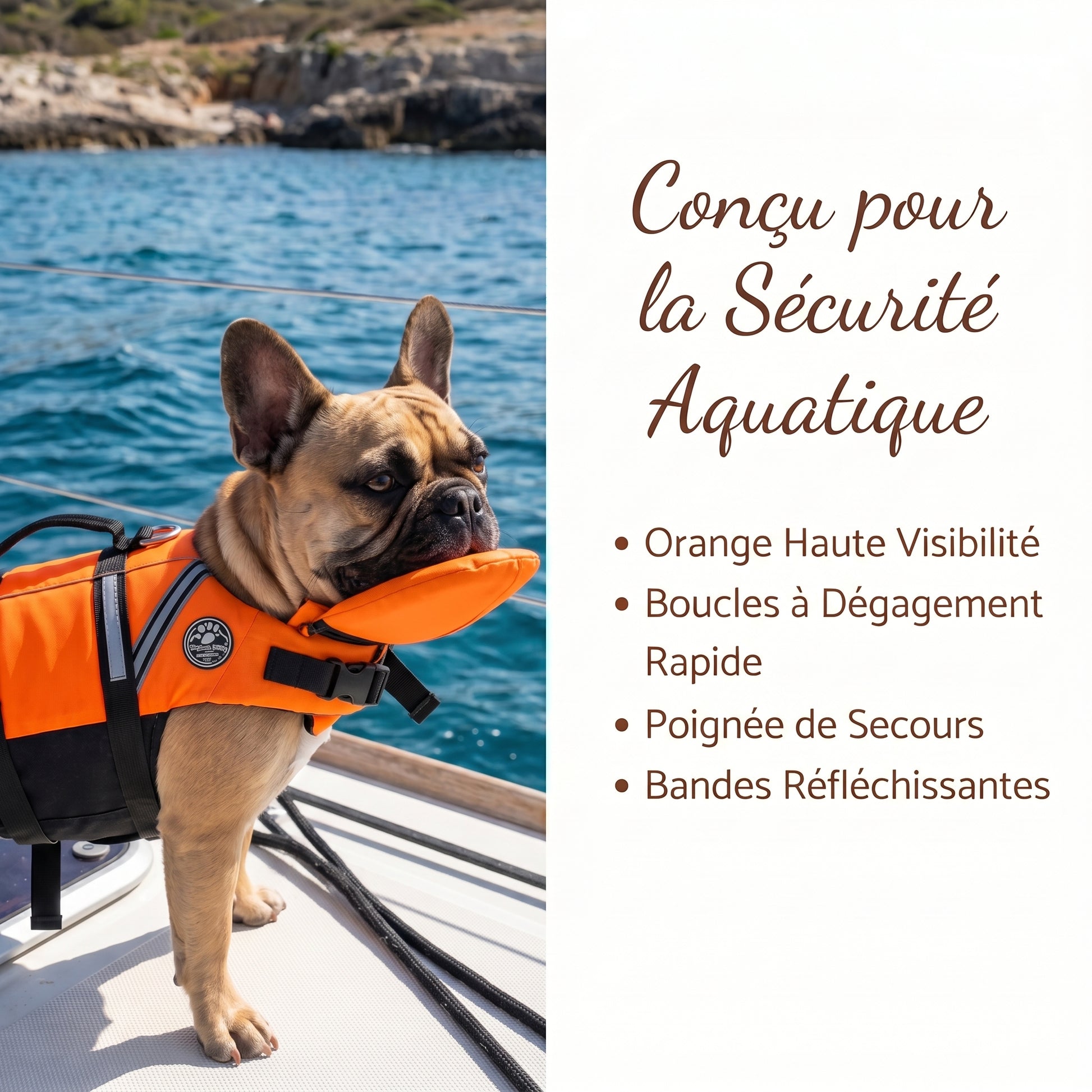 Gilet de sauvetage pour chien AquaChien orange haute visibilité porté par un bouledogue français sur un bateau