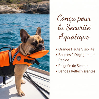 Gilet de sauvetage pour chien AquaChien orange haute visibilité porté par un bouledogue français sur un bateau