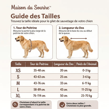 Guide des tailles du gilet de sauvetage pour chien AquaChien - tour de poitrine, longueur du dos et poids de XS à XL