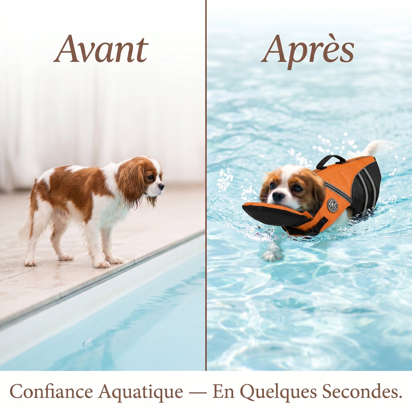 Chien portant le gilet de sauvetage AquaChien avec poignée de secours renforcée au bord de l'eau