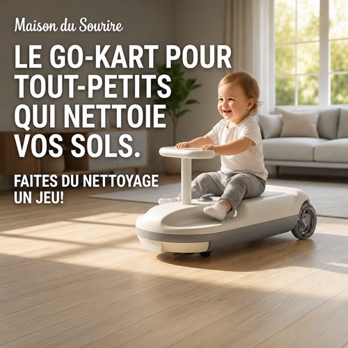 Child playing on a cleaning toy in a bright living room