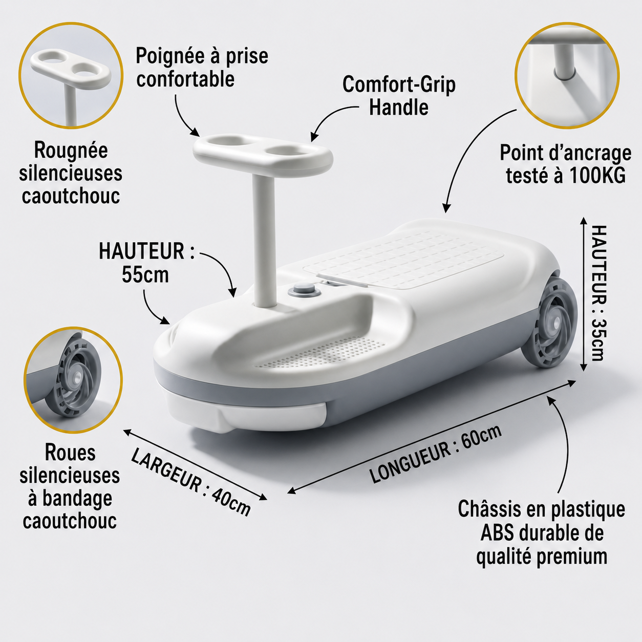 Children's scooter with labeled features on a white background