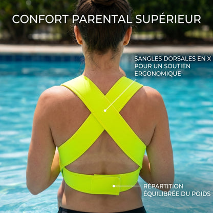 Person wearing a neon yellow back support brace by a pool, with text about comfort and ergonomic design.
